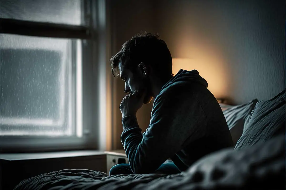 A man with depression sitting with his hand on his chin