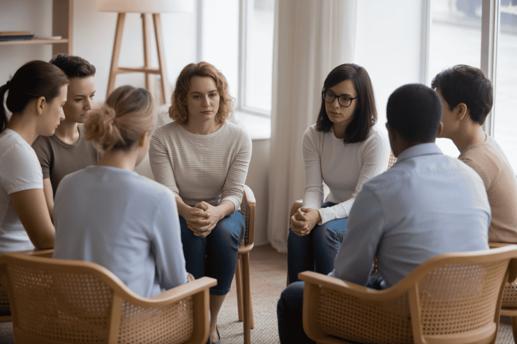 A diverse group of people in a welcoming, sunlit room, sitting in a circle and engaging in a group therapy session, fostering a sense of community.