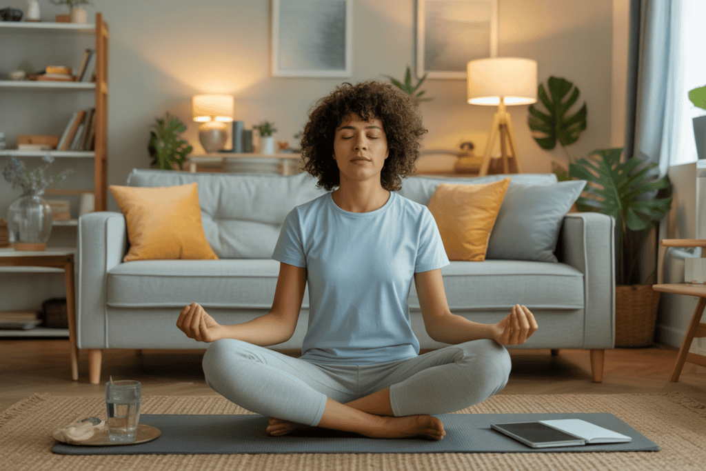 A person sitting comfortably in their living room, practicing a mindfulness exercise with their eyes closed, representing the integration of therapy skills into daily life.
