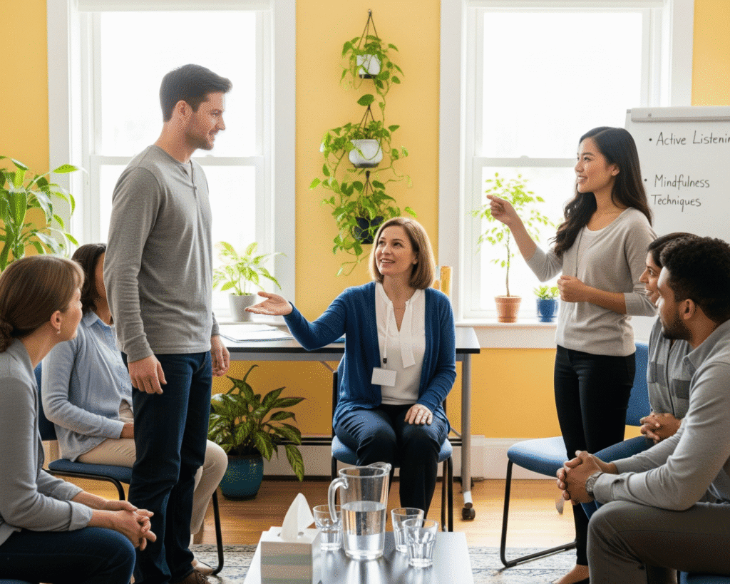 The primary task of people participating in group therapy sessions revolves when groups focus interpersonal learning, giving support and valuable feedback as members work through similar concerns.